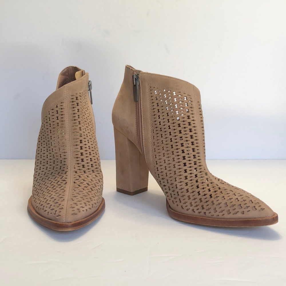 Vince Camuto Lorna Blush Side Asymmetrical Pointed Toe Block Heel Leather Boots